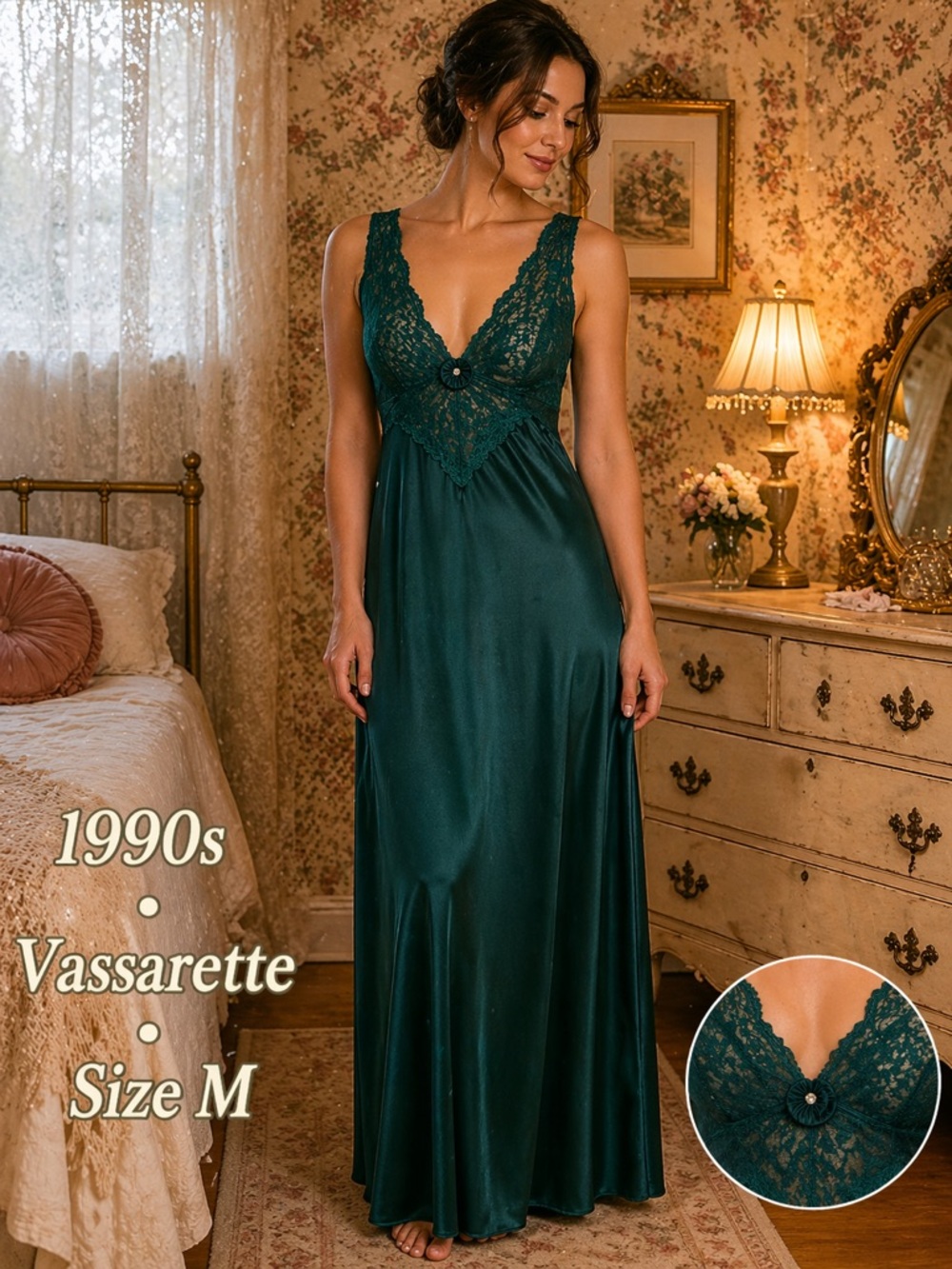 Vintage Vassarette Emerald Nightgown Lace Slip Dress 90s M